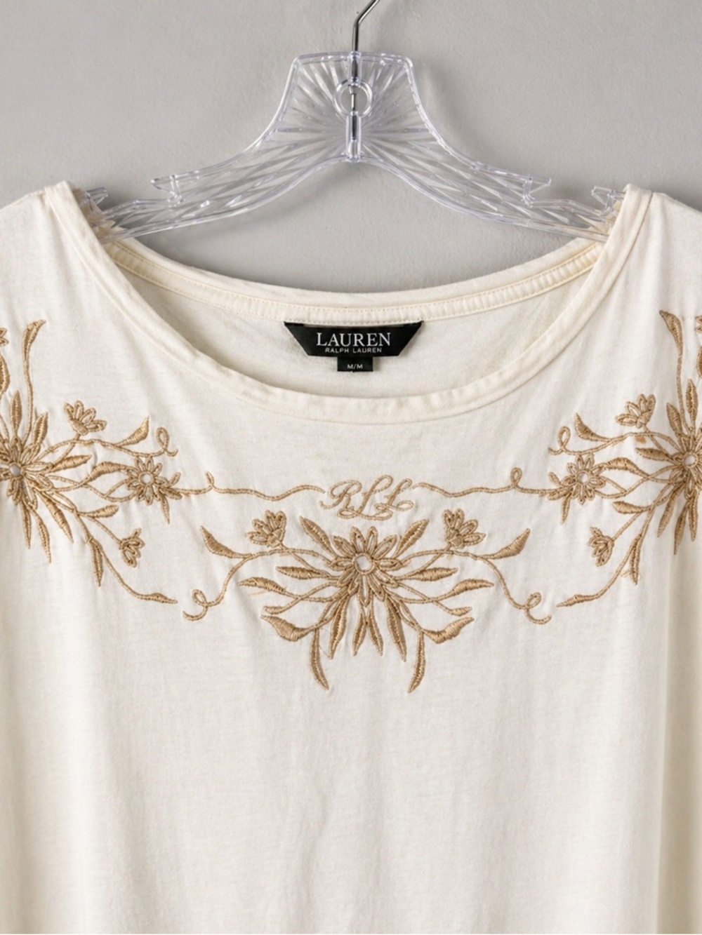 Lauren Ralph Lauren Embroidered Floral Tee Cream Short Sleeve Top - Picture 3 of 5